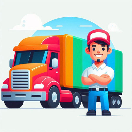 Cartoon delivery man standing in front of truck. Vector illustration.のイラスト素材