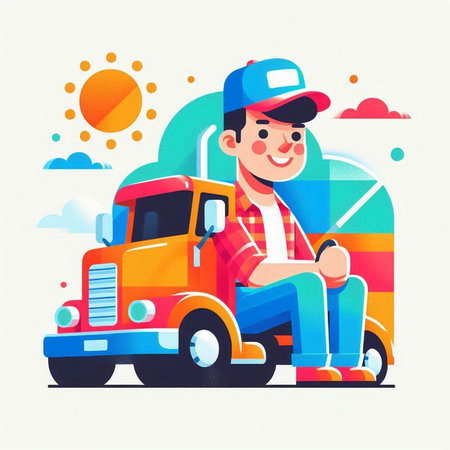 Cute boy in a cap sits on a truck. Vector illustration.のイラスト素材