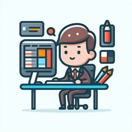 Businessman working on computer. Flat design style. Vector illustration.のイラスト素材