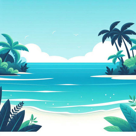 Tropical beach with palm trees and sea. Vector illustration.のイラスト素材