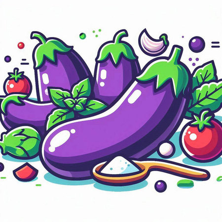 Eggplant with vegetables. Vector illustration of a healthy vegetarian food.のイラスト素材