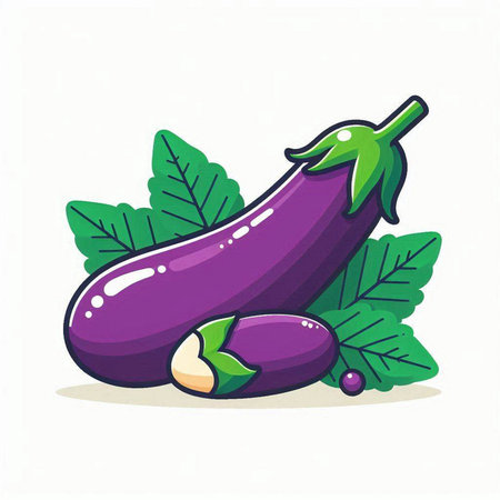 Illustration of purple eggplant with leaves on a white background.のイラスト素材