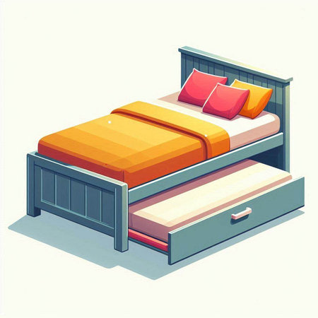 Illustration of a wooden double bed with orange pillows on a white backgroundのイラスト素材