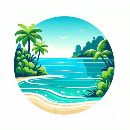 Tropical island with palm trees and sea. Vector illustration.のイラスト素材