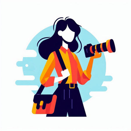 Female photographer with a camera. Vector illustration in a flat style.のイラスト素材