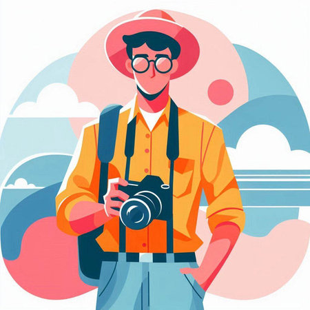 Photographer man with camera in hand. Vector illustration in flat styleのイラスト素材