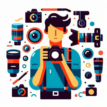 Photographer with camera and camera equipment. Vector illustration in flat styleのイラスト素材