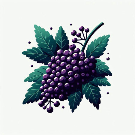 Bunch of black grapes with leaves. Vector illustration on white background.のイラスト素材