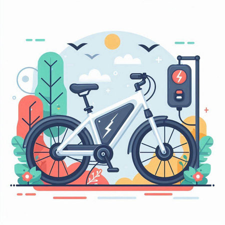 Bicycle and electric car charging station. Flat style vector illustration.のイラスト素材