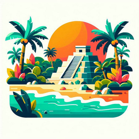 Mayan pyramid on the beach. Vector illustration in flat style.のイラスト素材