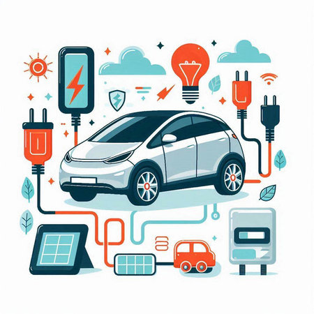 Electric car and electrical equipment. Renewable energy concept. Vector illustrationのイラスト素材