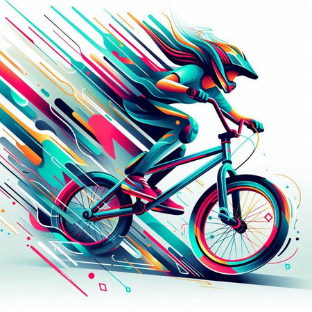 Vector illustration of a cyclist riding a bicycle on colorful background with linesのイラスト素材