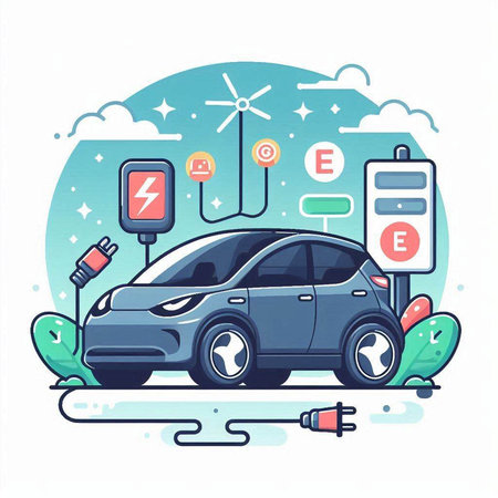 Electric car charging station. Electric vehicle charging station. Vector illustration.のイラスト素材
