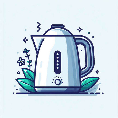 Kitchen electric kettle with green leaves. Vector illustration in flat style.のイラスト素材