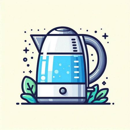 Electric kettle with green leaves. Vector illustration in doodle style.のイラスト素材