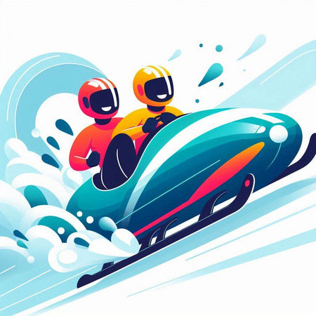 Vector illustration of two men on a snowmobile. Snowboarding, winter sports.のイラスト素材