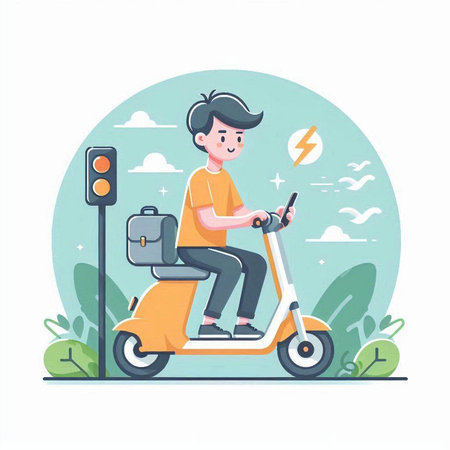 Young man riding scooter and using mobile phone. Vector illustration.のイラスト素材