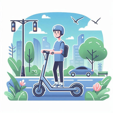 Young man riding electric scooter in the city. Vector illustration.のイラスト素材