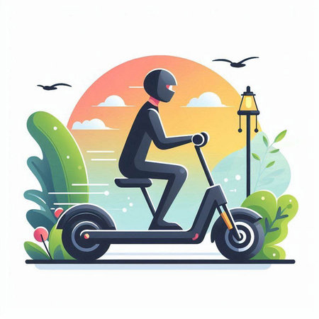 Man riding on electric scooter in the park. Vector illustration.のイラスト素材