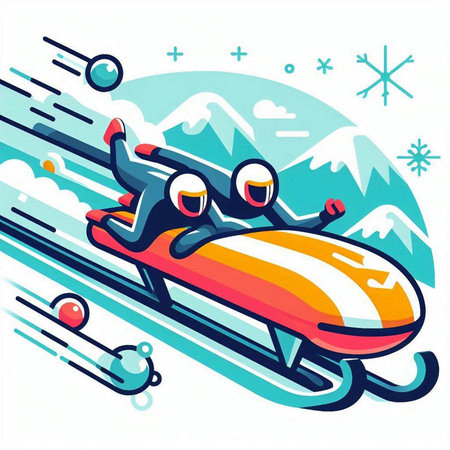 Cartoon snowboarder rides on a mountain road. Vector illustration.のイラスト素材