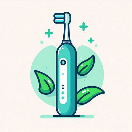 Electric toothbrush with green leaves. Vector illustration in flat style.のイラスト素材