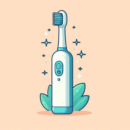 Electric toothbrush with toothpaste and green leaves. Flat vector illustration.のイラスト素材