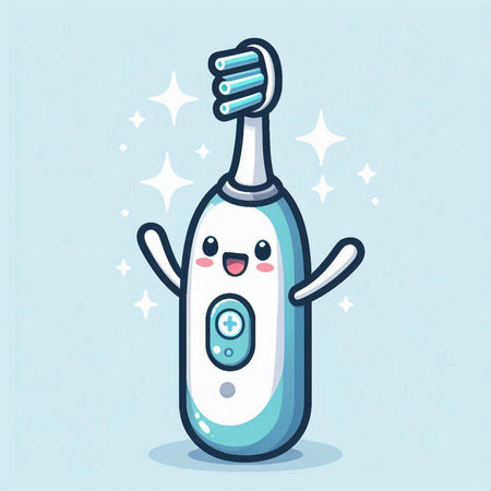 Electric toothbrush with cute cartoon character. Vector illustration. Isolated on blue background.のイラスト素材