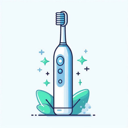 Electric toothbrush with green leaves. Vector illustration in flat style.のイラスト素材