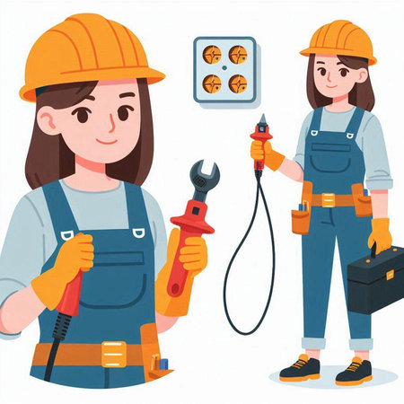 Female construction worker with tools. Vector illustration in a flat style.のイラスト素材