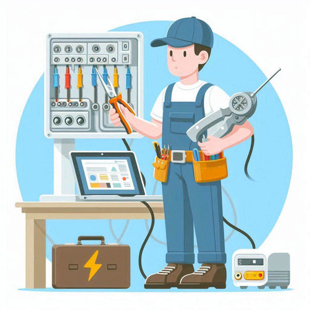 Electrician with tools and equipment. Vector illustration in flat style.のイラスト素材