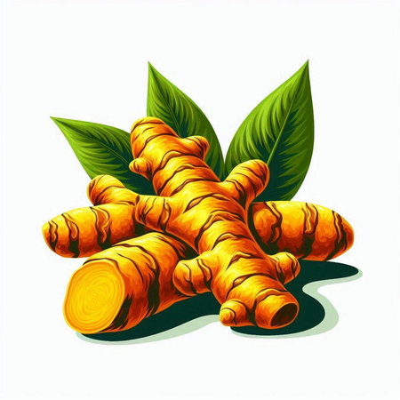 ginger root and leaves on a white background. Vector illustration.のイラスト素材