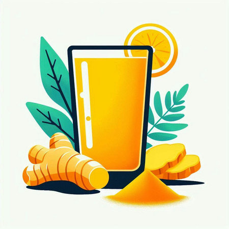 Vector illustration of a glass of turmeric juice with lemon, ginger and leaves.のイラスト素材