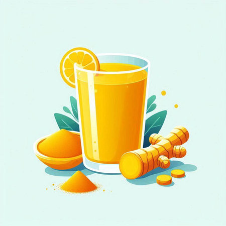 Turmeric, ginger and lemon juice in a glass. Vector illustration.のイラスト素材