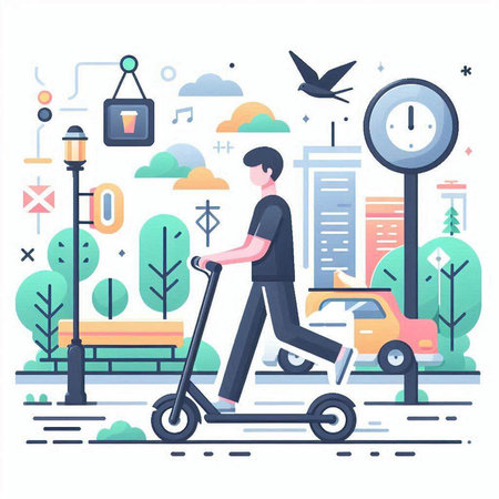Young man riding electric scooter in the city. Vector illustration.のイラスト素材