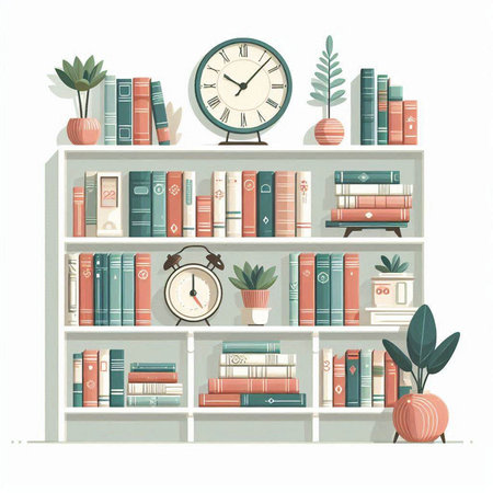 Bookshelf with books, clock and plants. Vector illustration.のイラスト素材