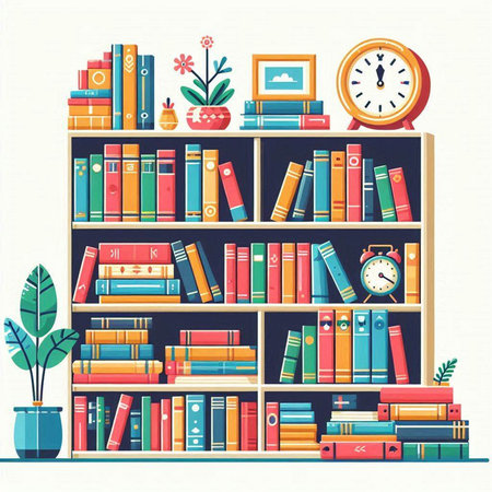 Bookshelf with books and clock. Vector illustration in flat styleのイラスト素材