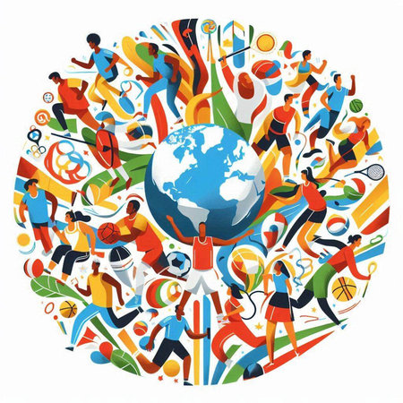 Group of people doing sports around the globe. Sport concept. Vector illustration.のイラスト素材