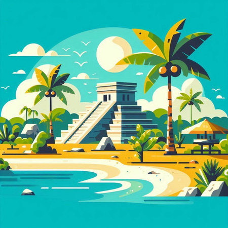 Mayan pyramid on the beach. Vector illustration in flat style.のイラスト素材