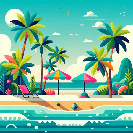 Tropical beach with palms and umbrellas. Vector illustrationのイラスト素材