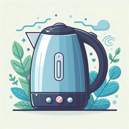 Electric kettle on the background of nature. Vector illustration in flat style.のイラスト素材