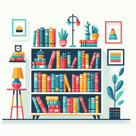 Bookshelf with books and decorations. Flat style vector illustration.のイラスト素材