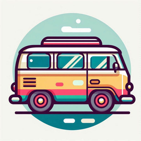 Vintage retro hippie bus. Vector illustration in flat style.のイラスト素材