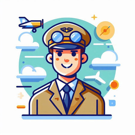 Vector illustration of pilot in uniform. Flat style design for web and print.のイラスト素材