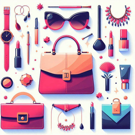 Vector set of woman's accessories. Handbag, sunglasses, perfume, lipstick, cosmetics.のイラスト素材