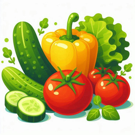 Vegetables. Tomato, cucumber, pepper, lettuce. Vector illustrationのイラスト素材