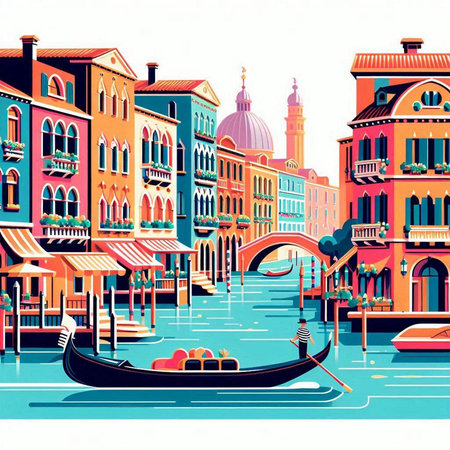 Venice, Italy - colorful cityscape with gondolas. Vector illustrationのイラスト素材