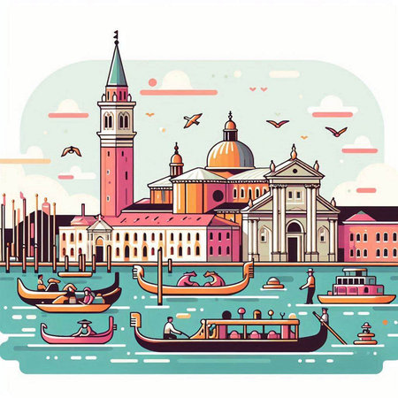 Venice, Italy. Vector illustration with gondolas on the Grand Canal.のイラスト素材