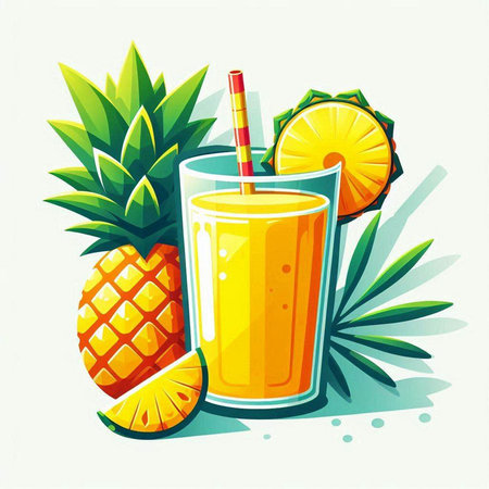 Vector illustration of fresh pineapple juice in a glass with a straw and a slice of orange.のイラスト素材