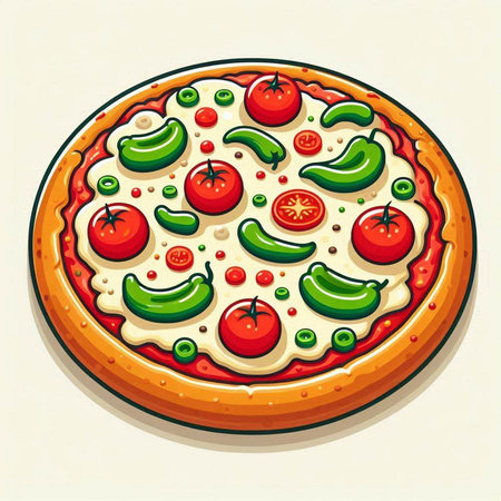 Pizza with tomato, pepper and cucumber. Vector illustration.のイラスト素材