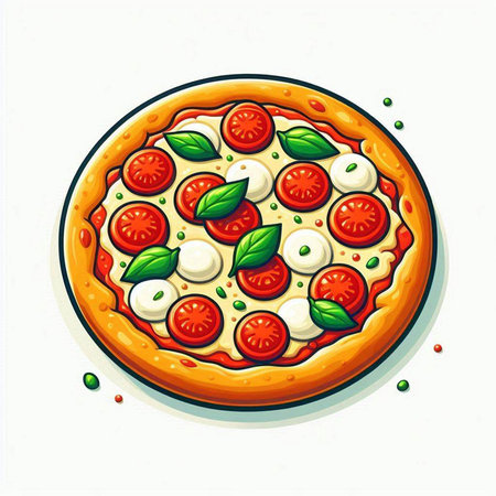 Pizza with mozzarella, tomato and basil. Vector illustrationのイラスト素材